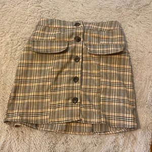 Tan Black and Brown Plaid button down skirt with pockets